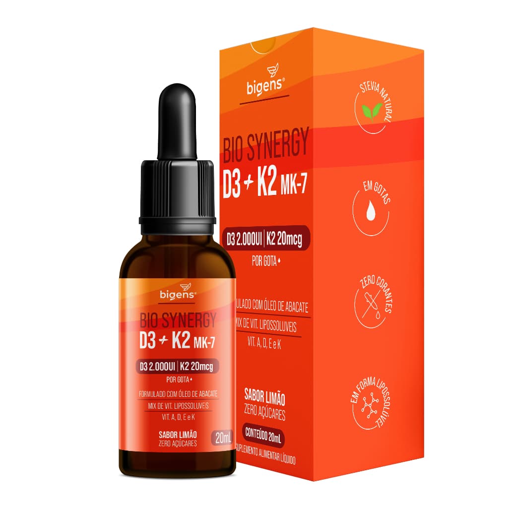 Bio Synergy, D3 2000ui + K2 Mk7 20mcg, vitamina A, D E e K, Sabor Limão, 20mL, Bigens