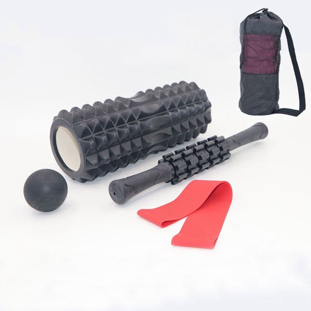 Kit Completo 4x1  Rolo de Massagem Bastão Miosfascial Bola Lacrosse Faixa Elástica Band Bolsa