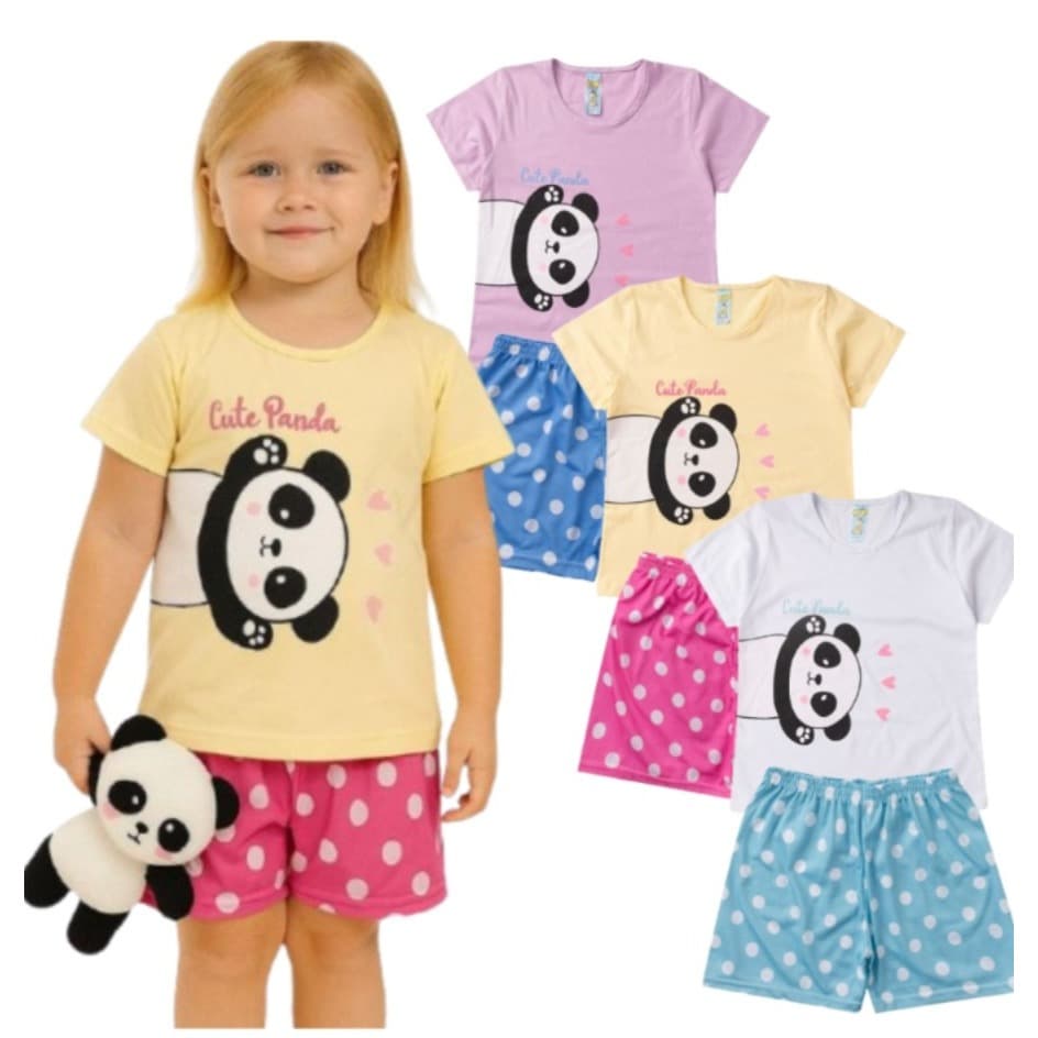 Pijama Infantil Feminino Verão Cute Panda - Hey Kids - Amarelo