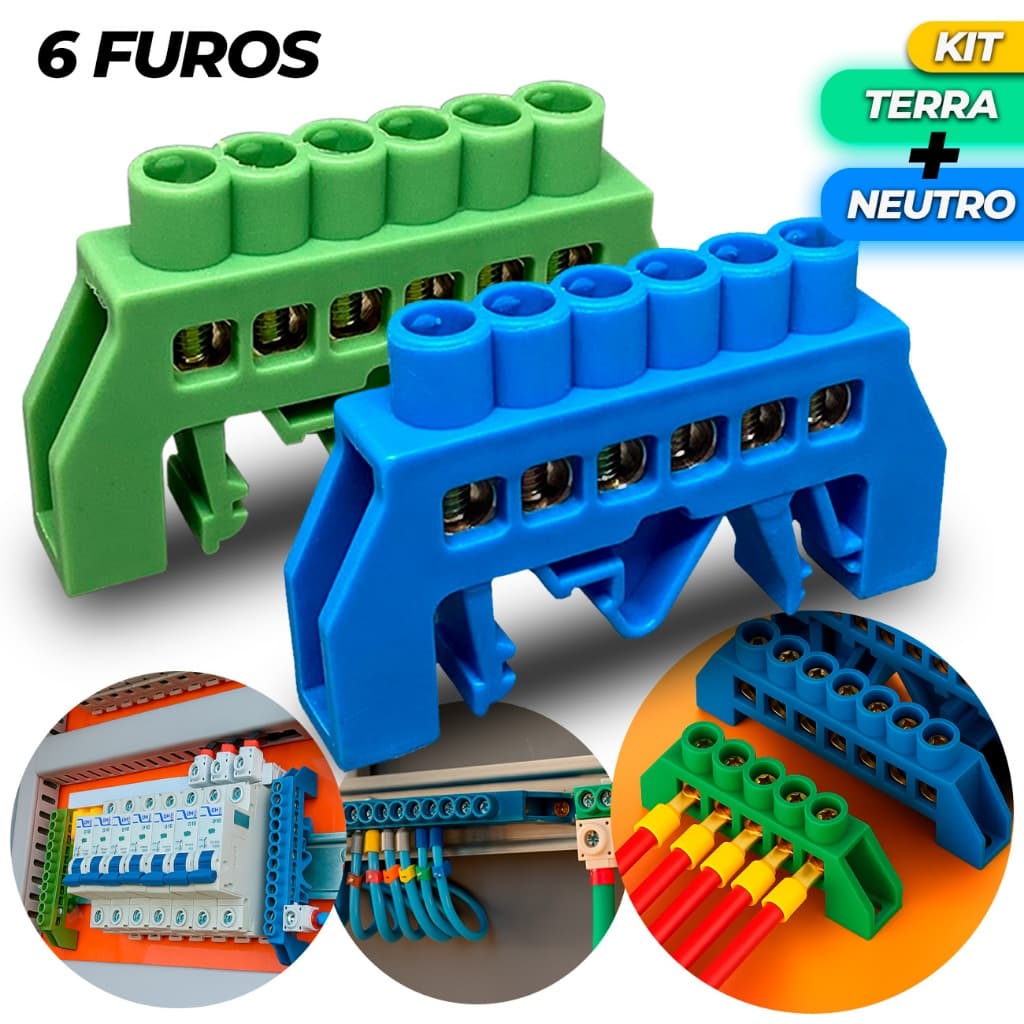 Kit Barramento 1 Neutro e 1 Terra 6 furos Fixação Trilho Din 6 Polos 6 Vias Conector Elétrico Cabo