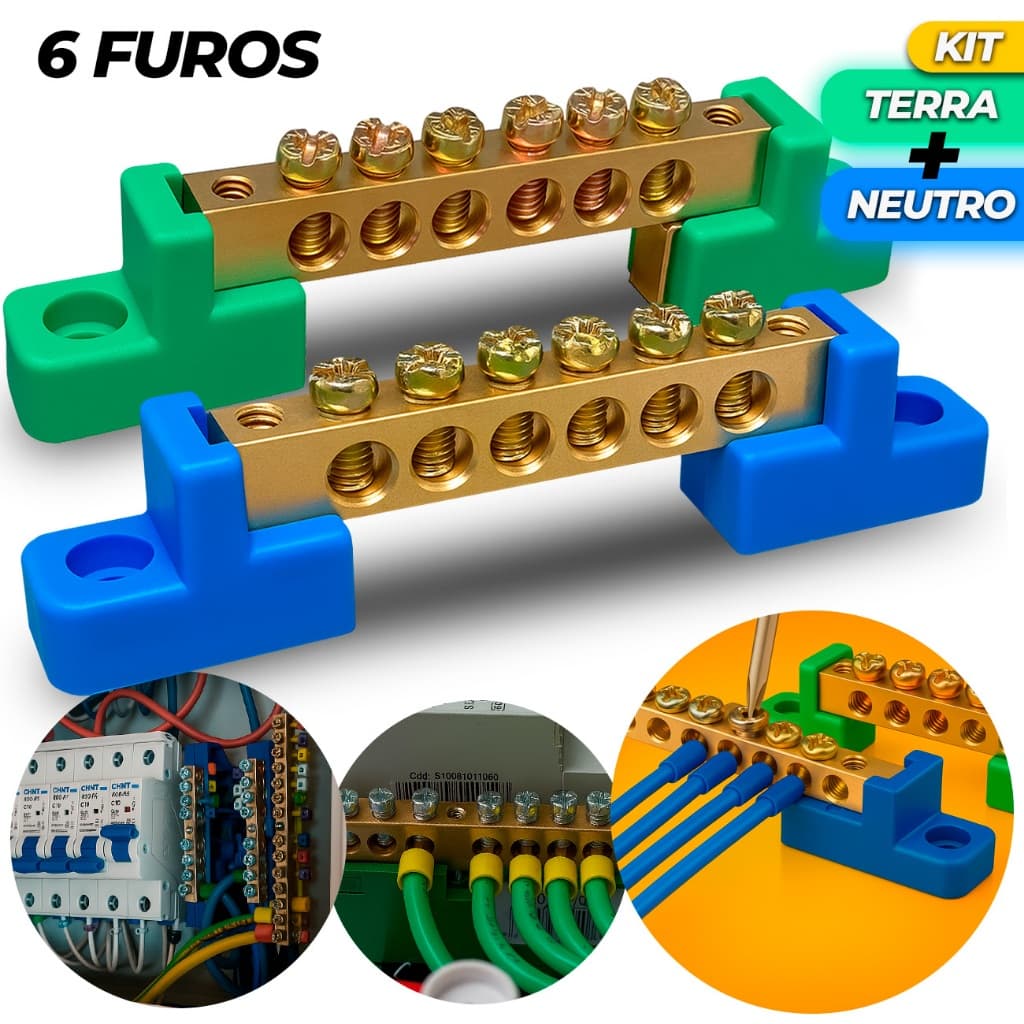Kit Barramento Neutro e Terra 6 Furos Fixação Parafuso Barra Distribuição Borneira 6 Bornes Polos