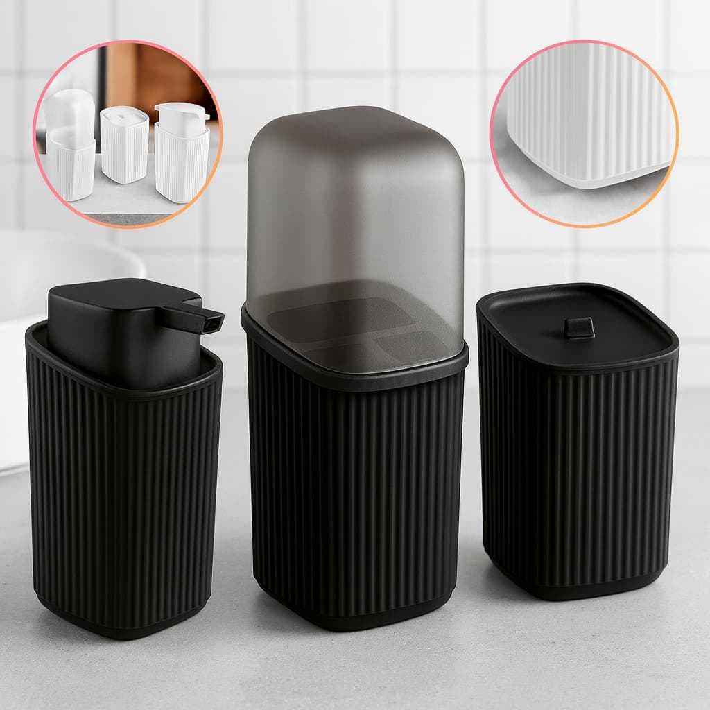 Kit 3 Pecas Com Porta Sabonete Liquido 400 Ml Porta Algodão E Porta Escovas Banheiro Decoração Praticidade