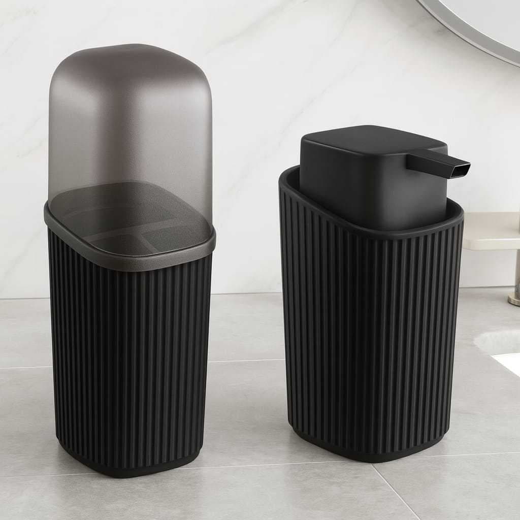 Kit Banheiro Com 1 Porta Sabonete Liquido de 400 Ml + 1 Porta Escovas Pasta Dente Decoração Elegante Resistente