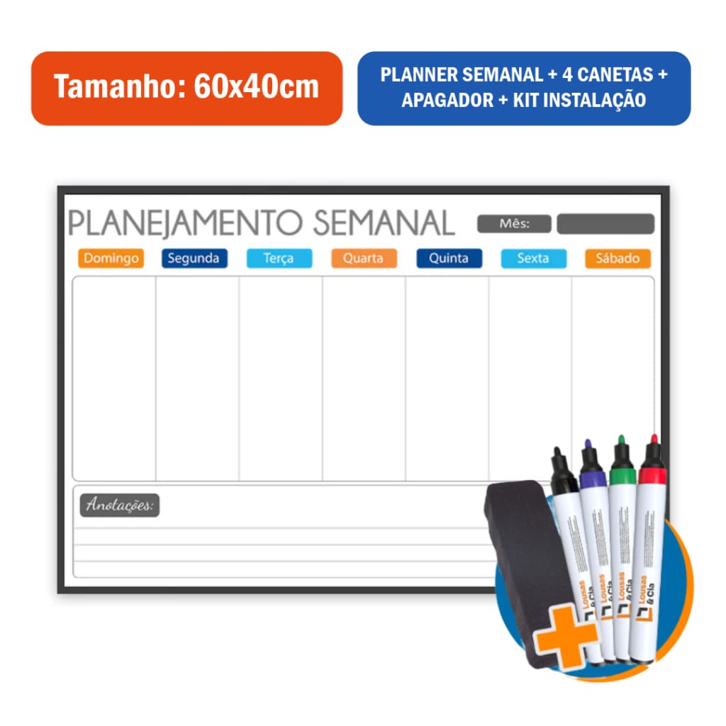 Planner Semanal 60x40cm Organizador de Rotina MDF Preto FIT+ 4 canetas marcadores + 1 apagador