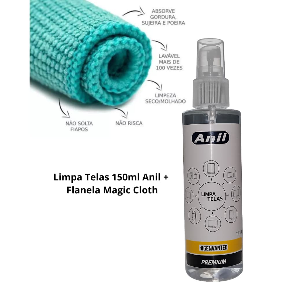 Limpa Telas 150ml Anil + 1 Flanela Magic Cloth – Para Celular, TV, Notebook e Monitor