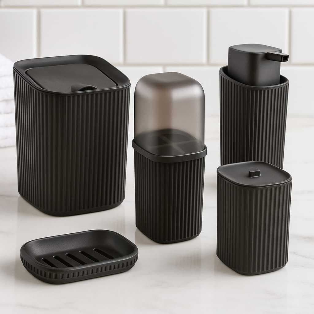 Kit 5 Pecas Banheiro Com Lixeira + Porta Algodão + Porta Escovas + Saboneteira Com Escorredor  + Porta Sabonete Liquido