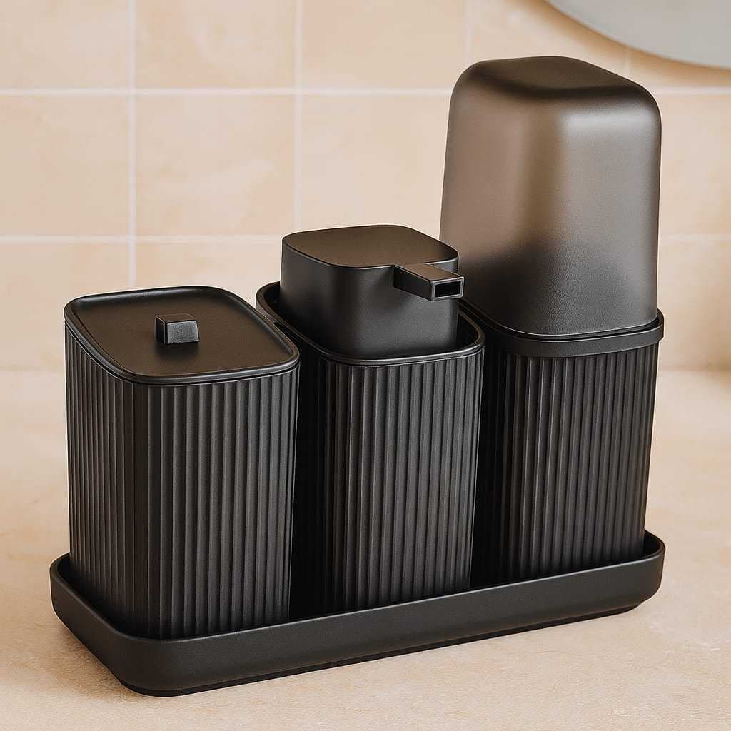 Kit Banheiro 3 Pecas Com Bandeja Dispenser  Porta Algodão Porta Escovas E Porta Sabonete Liquido  De 400 Ml Decoração