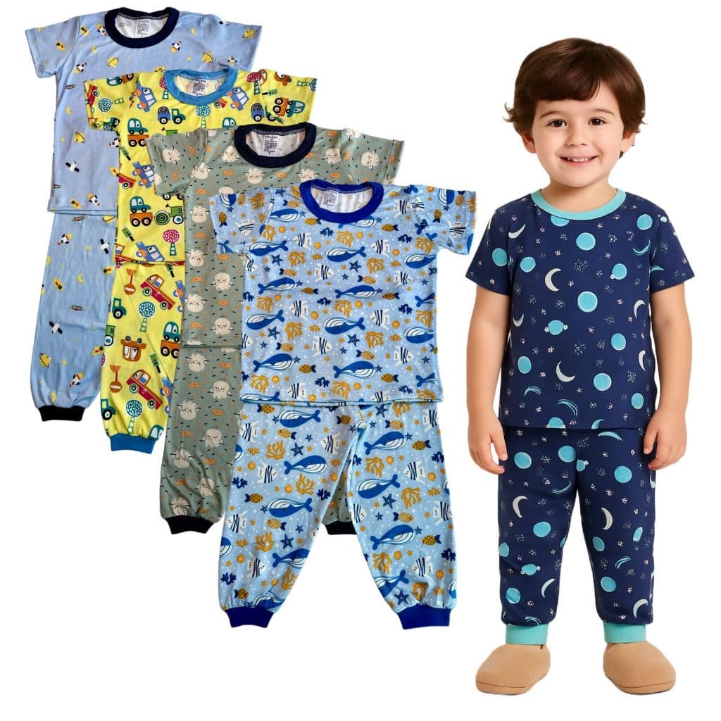 Kit 2 Pijamas Infantil Menino Estampado Roupa Masculino 2 Blusas Manga Curta 2 Calças Com Punho