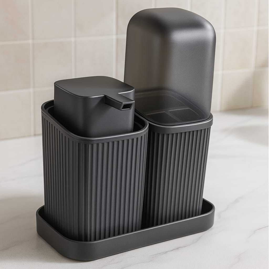 Kit Banheiro Com 2 Pecas Porta Sabonete Liquido Com Bandeja Dispenser e Porta Escovas Decoração  Moderno Higienico