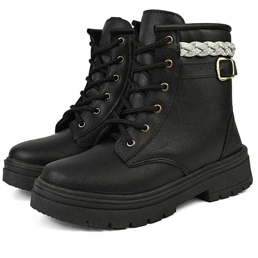 Bota coturno infantil menina blogueirinha tira strass brilho cadarço preta linda fivela