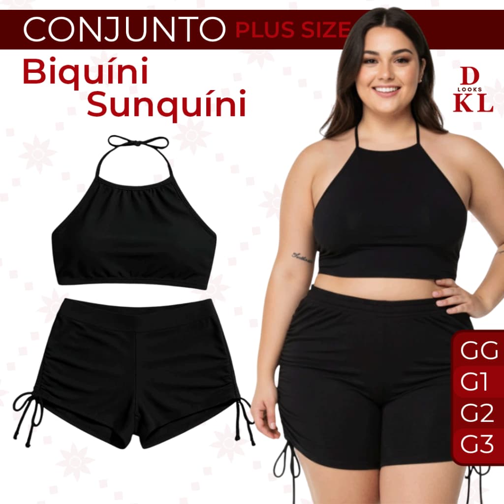 Conjunto Biquini Sunquini Plus Size Shorts Cordinha e Top Alcinha Sem Bojo
