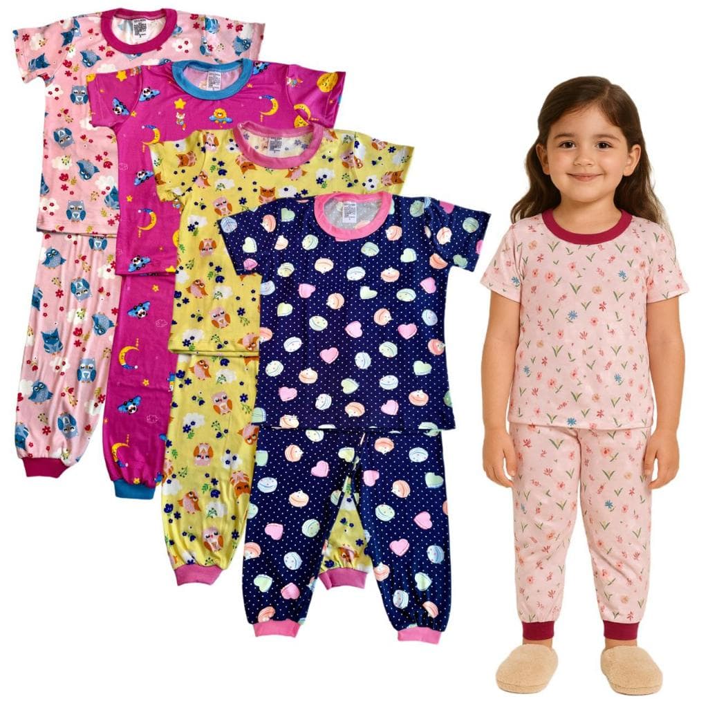 Kit 2 Pijamas Infantil Menina Estampado Inverno 2 Blusas Manga Curta 2 Calças Com Punho
