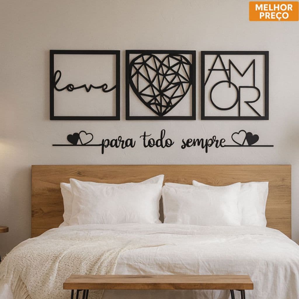 frases decorativas para paredes Para Todo Sempre Casal + Kit 3 Quadros Decorativos Cabeceira Sala