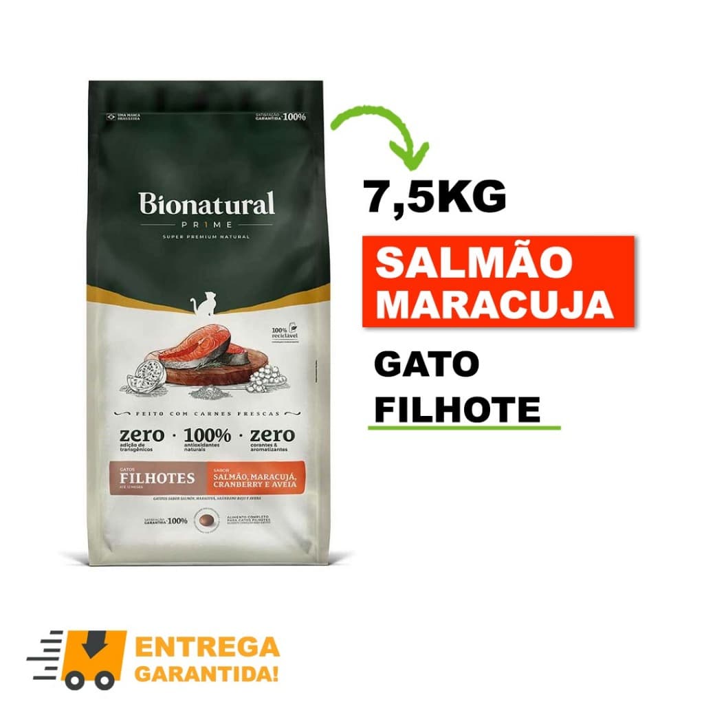 Ração SuperPremium Bionatural Gatos FIlhotes 7,5KG Sabor Salmão-Envio Imediato