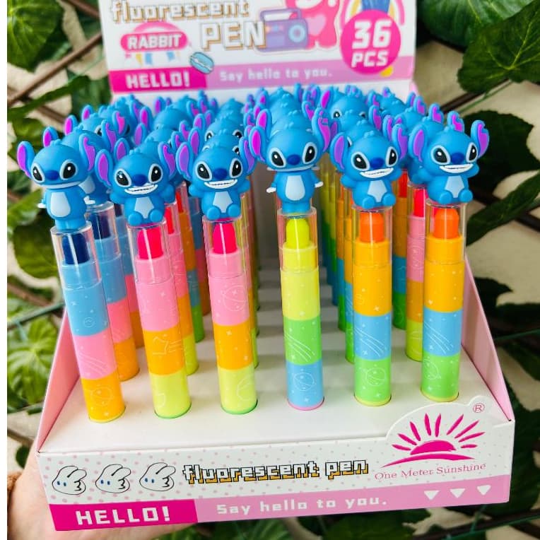 Marca Texto Giz de Cera Stitch Troca Ponta 6 Cores Papelaria Fofa Material Escolar Lilo Stitch