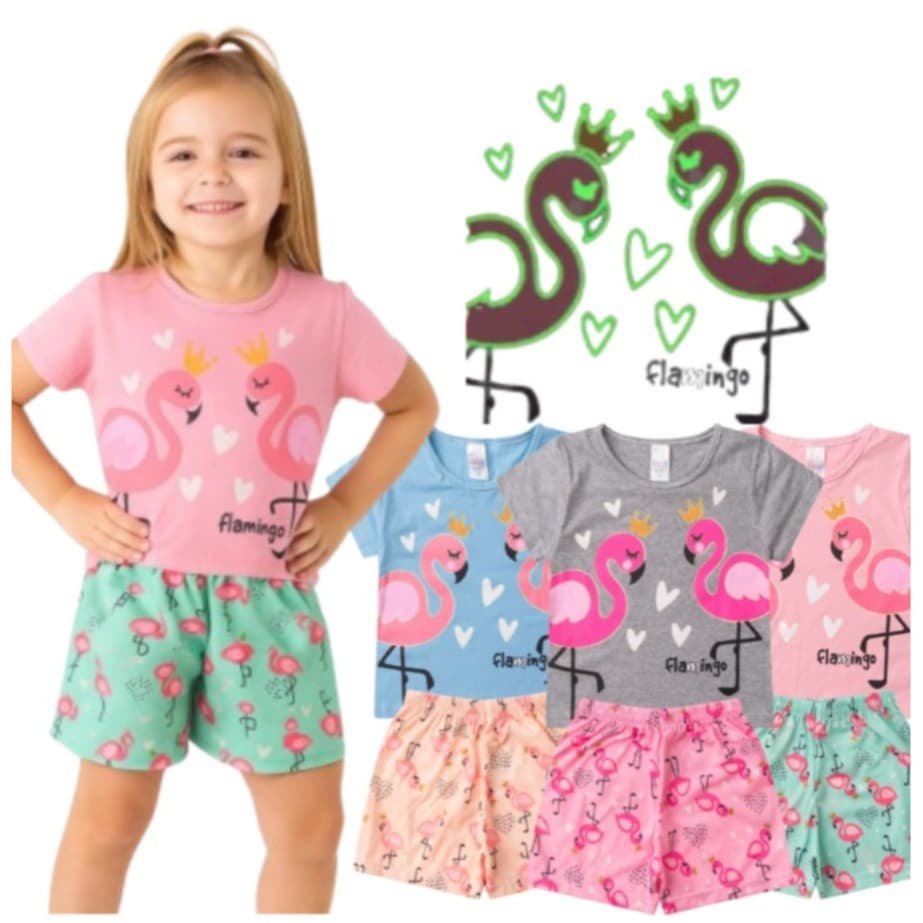 Pijama BRILHA NO ESCURO Infantil Menina Verão Flamingo - Hey Kids