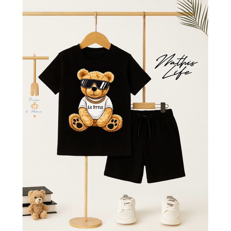 Kit 2 peças Camiseta + bermuda conjunto infantil menino estampa urso moda casual