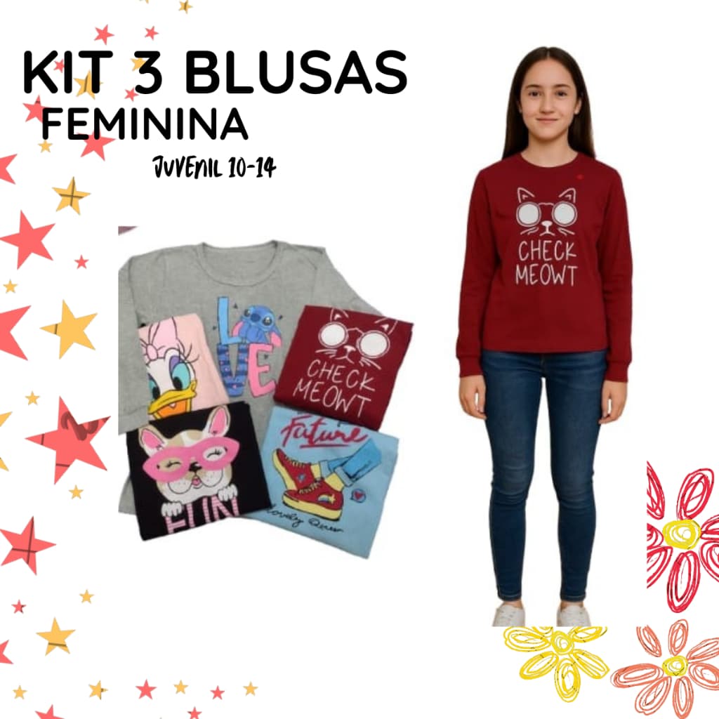 kit 3 Camiseta Manga LONGA Infantil FEMININA  Estampada 10 ao 14 inverno quentinha confortável