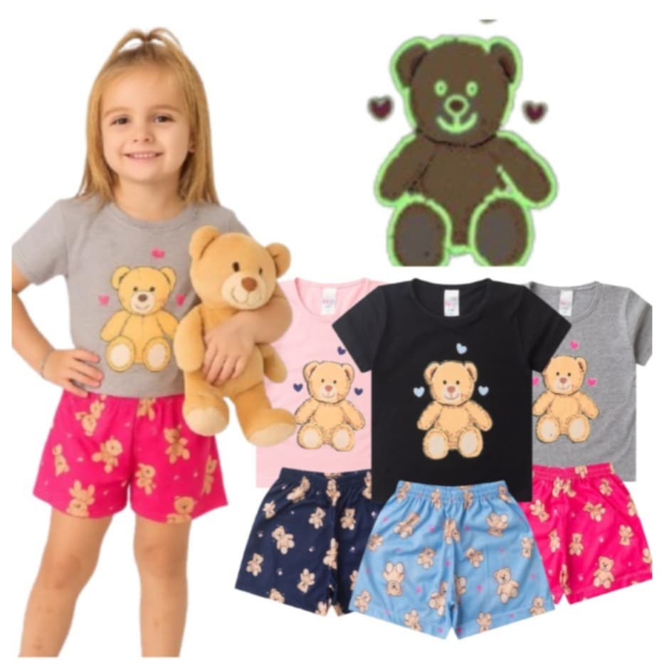 Pijama BRILHA NO ESCURO Infantil Menina Verão Ursinho - Hey Kids