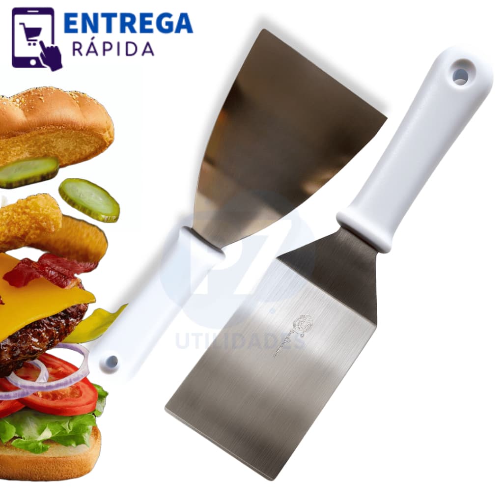 Kit 2 Espátulas Inox Cabo Branco 3” Curva e 4” Reta para Chapa Lanche Hambúrguer Grelhados