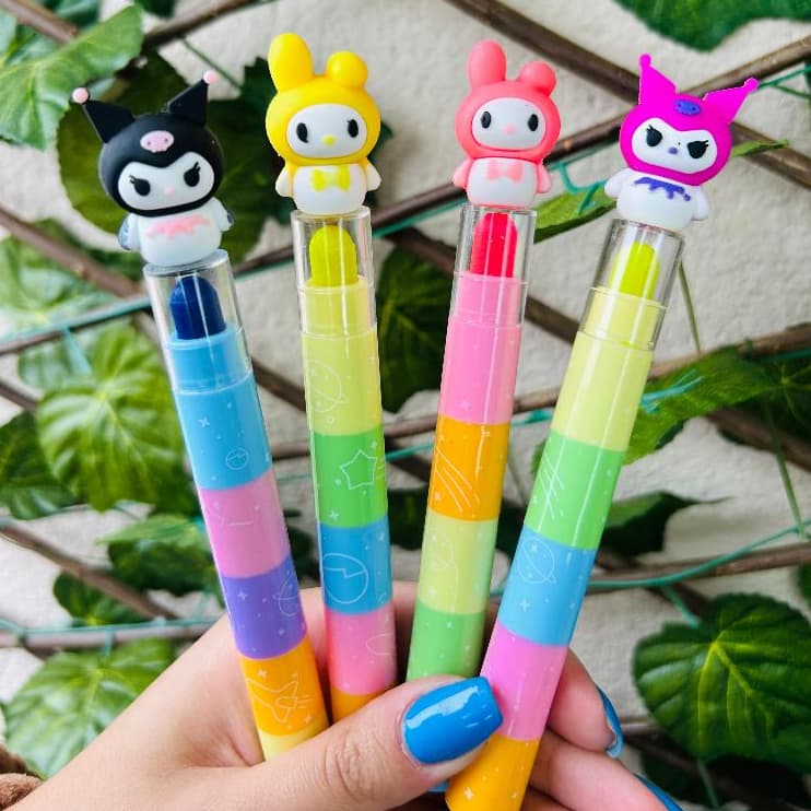 Marca Texto Giz de Cera Hello Kitty Kuromi Melody Troca Ponta 6 Cores Papelaria Fofa Material Escola