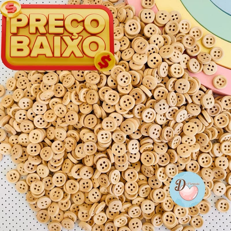 Botão de Madeira 11mm para Artesanato, Costura, Scrapbook – Cor Natural