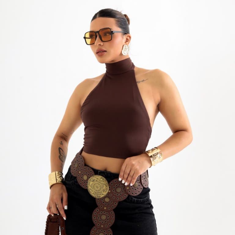 Blusa Feminina Cropped Costa Nua Frente Única Gola Alta Amarração Suplex Premium Moda Básica