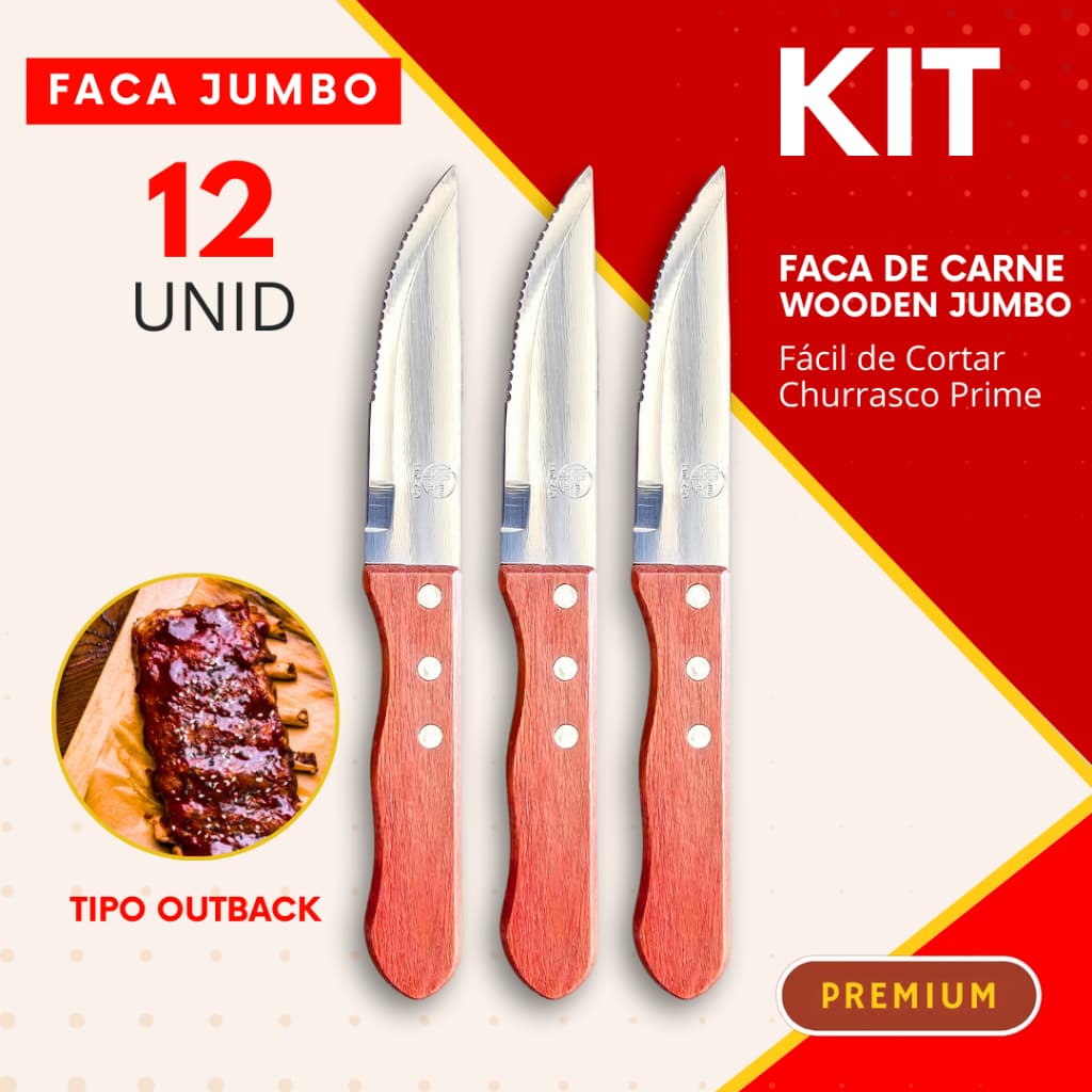 Jogo 12 Facas Para Carne Wooden Jumbo Cabo Tipo Outback Churrasco Restaurante Churrascaria