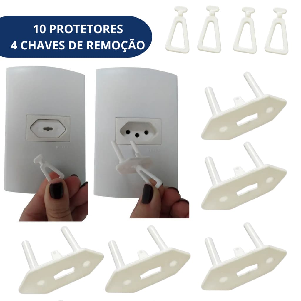 Kit com 10 Protetores de Tomadas e 4 Chavinhas Segurança do Bebê e Crianças com Várias cores