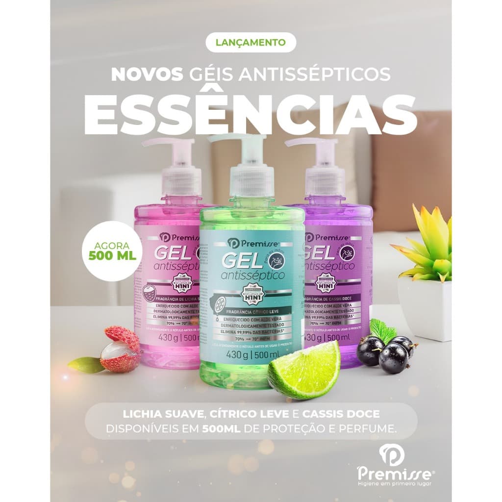 Álcool em Gel Antisseptico 500ml Premisse - mãos bem protegidas, macias e hidratadas - elimina até 99,99% das bactérias