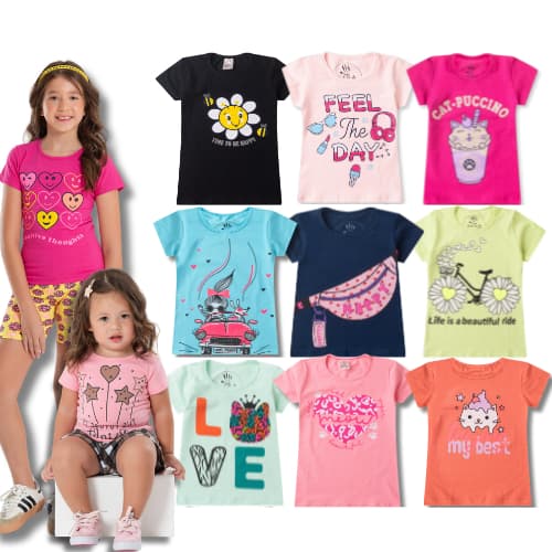 Kit Sortido 5 Camisetas Manga Curta Estampada Feminina/Menina Infantil e Juvenil do 1 ao 14