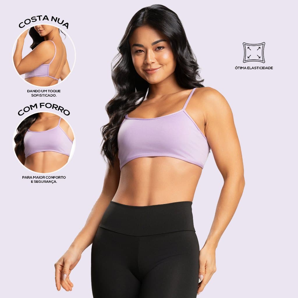 Top Academia Fitness Costa Nua Com Forro e Alça Fina Com Elástico Na Barra Encaixe pra Bojo