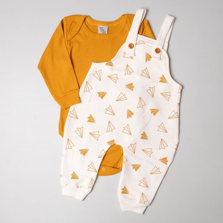 Jardineira Estampada 2 peças Manga Longa Inverno Menino. Body + Jardineira Roupa de Bebê Infantil