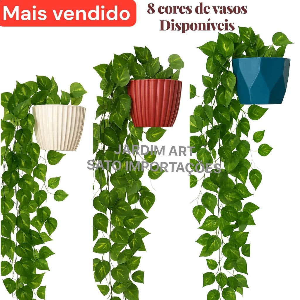 Kit Folhagem Artificial 2 Cordões + Vaso Plastico cerâmico Decor