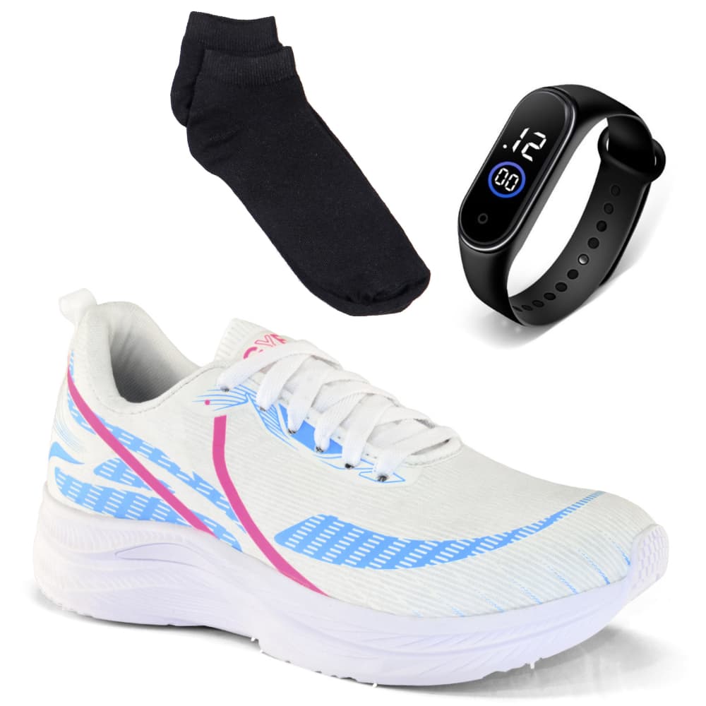 kit Completo Tênis Feminino Leve Barato + Relógio + Meia Confortável Academia Promoção Casual