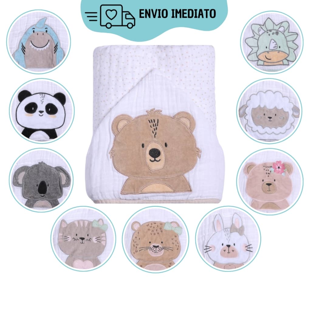 Toalha de Banho para Bebê com Capuz Bordada Infantil 3 Camadas Fralda Soft 100% Algodão 90cm x 75cm Papi Friends