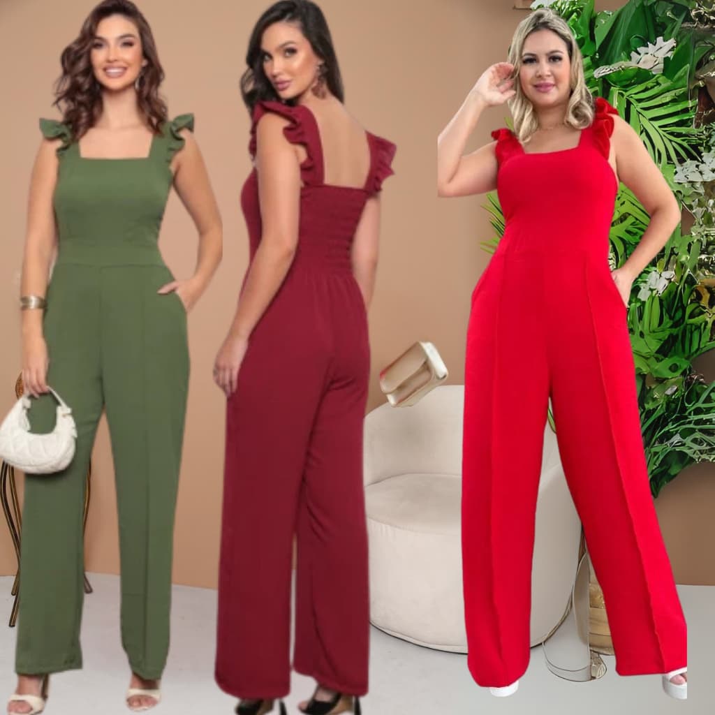 Macacão Feminino Social Elegante Pantalona Duna Forrado com Bojo e Babado no Ombro