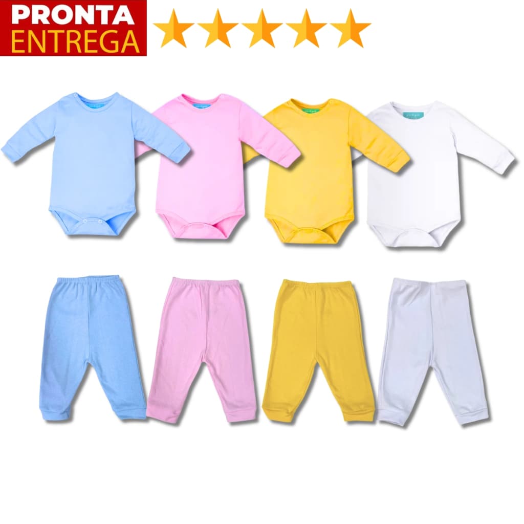 Kit 4 Peças Mijão Calça E Body Manga Longa Infantil Bebe Masculino E Feminino Menino Menina