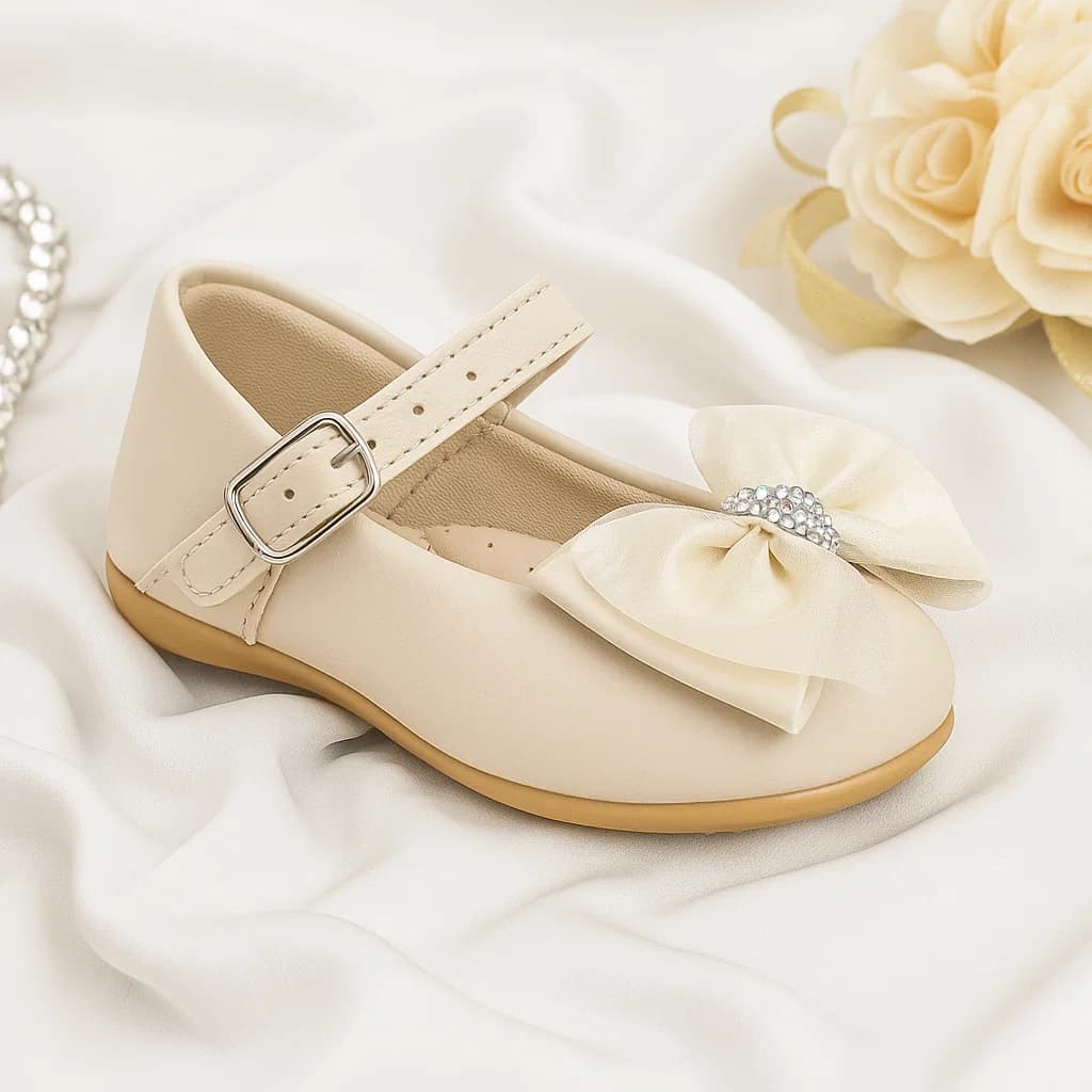 Sapatilha infantil festa off white bebe com laço e detalhe em strass com fivela menina Pimpolho