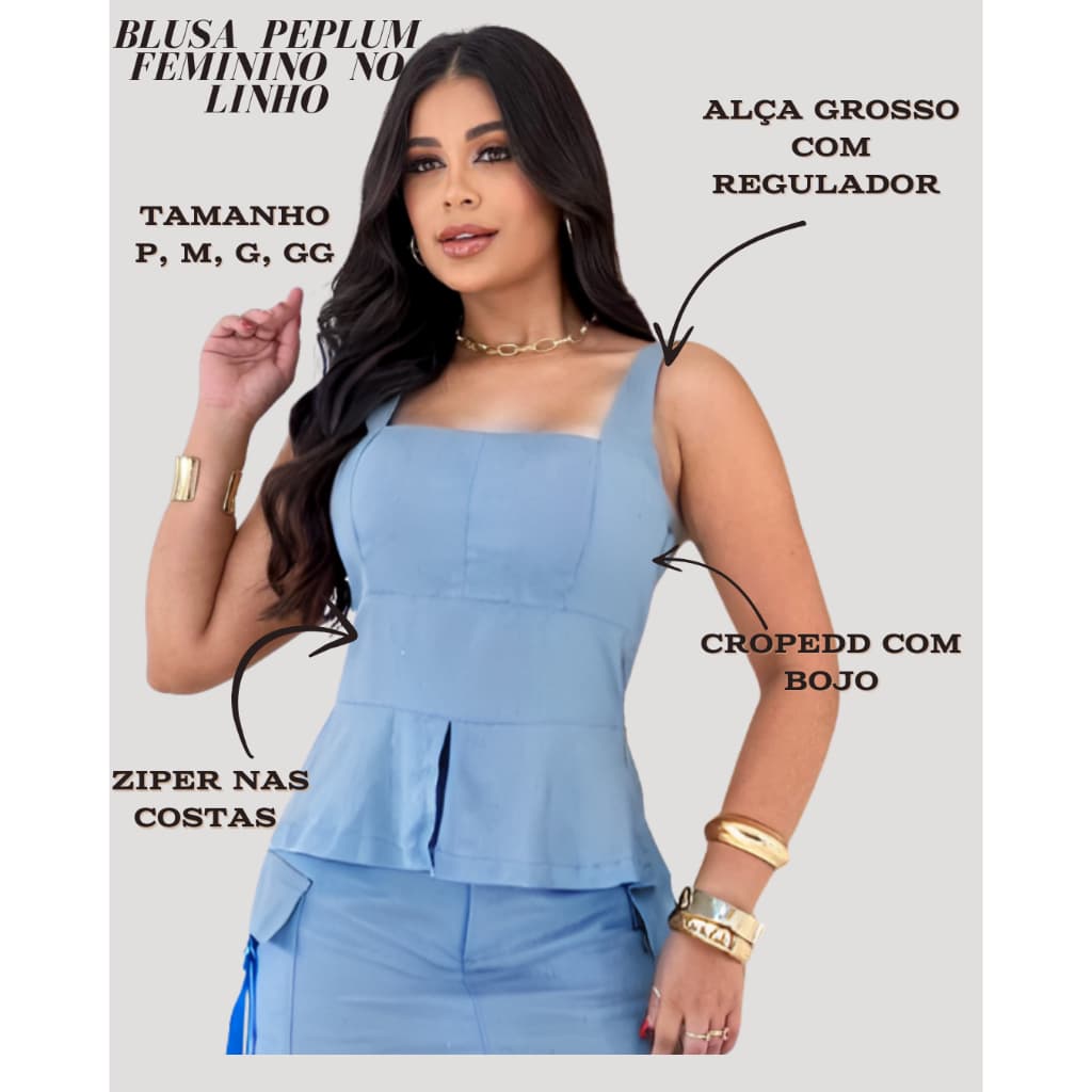 Blusa Peplum Feminina Linho Premiun Casual Elegante Alça Regulavel Estilosa PerfeitaToda Ocaçao