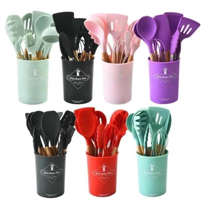 Kit de utensílios de cozinha/12 peças Utensílios de cozinha Silicone Decoração de madeira sem BPA