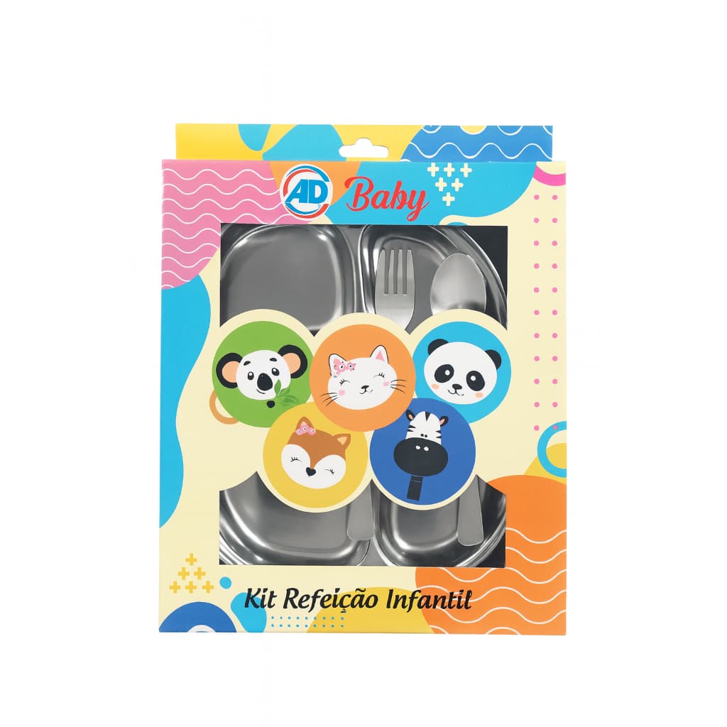 Kit Refeição Infantil 4 pçs Inox Prato divisória + Talher