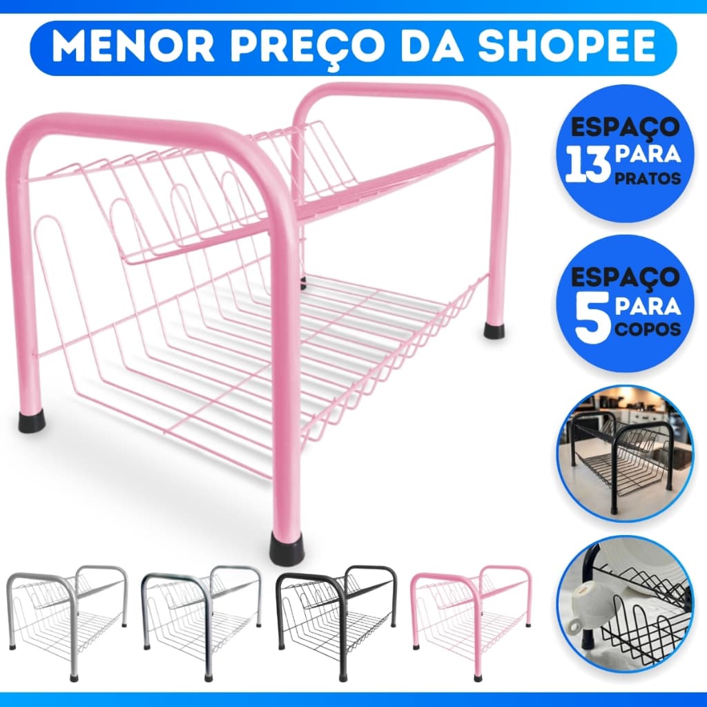 Escorredor De Pratos /  Louças Duplo Cromado Inox Cozinha 13 Pratos Rosa Preto Cromado