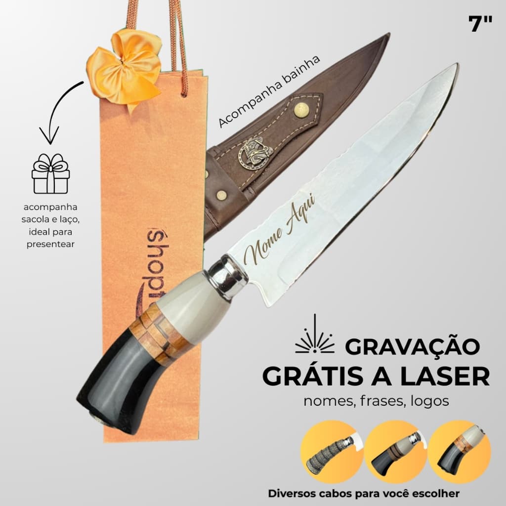 Faca Churrasco Personalizada Afiada Aço Inox com Nome Personalizado a Laser 7 Polegadas
