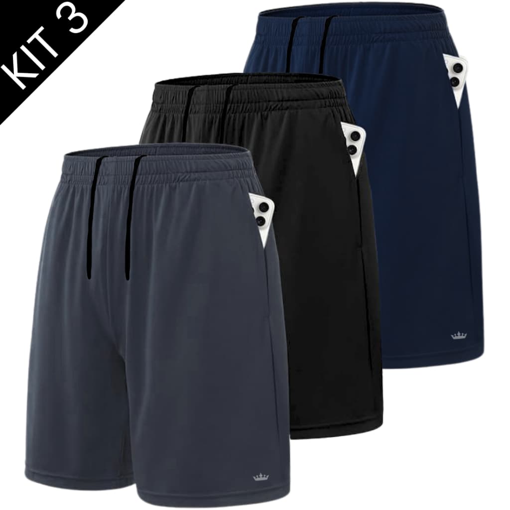 Short Academia Masculino Kit 3 Cores Bermuda Fitness Futebol Praia Lazer com Bolsos