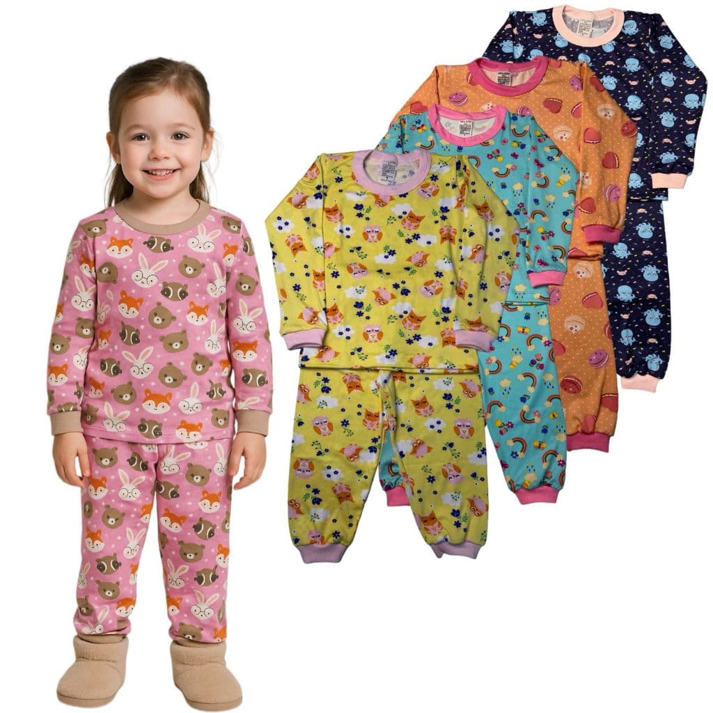 Kit 2 Pijamas Infantil Menina Estampado Inverno Feminino 2 Blusas Manga Longa 2 Calças Com Punho