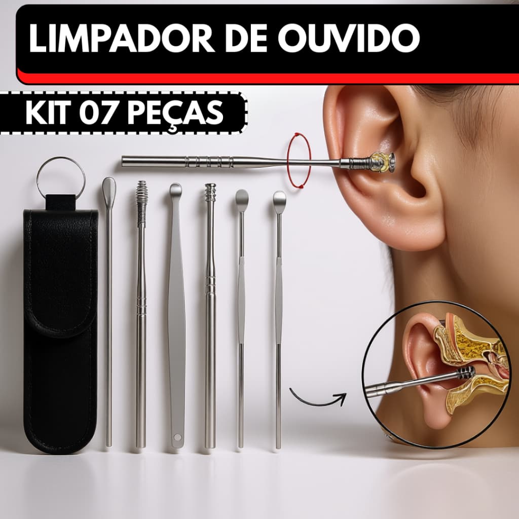 Kit 07 Peças Limpador de Ouvido Jogo Cotonete Orelha Aço Inoxidave Removedor de Cera com Estojo
