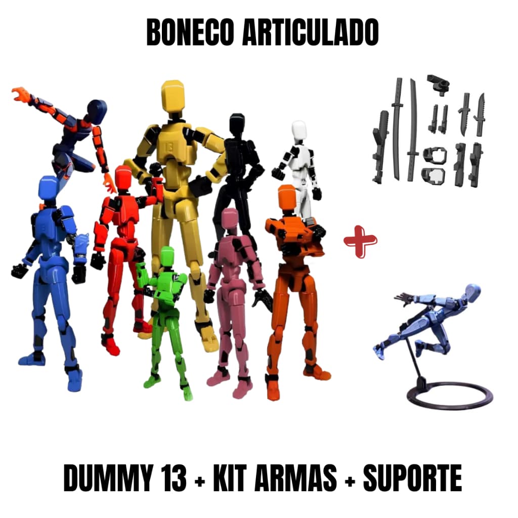 Boneco Dummy 13 - Boneco Articulado para Montar Action Figure Brinquedo Educativo + Kit Armas + Base Suporte .