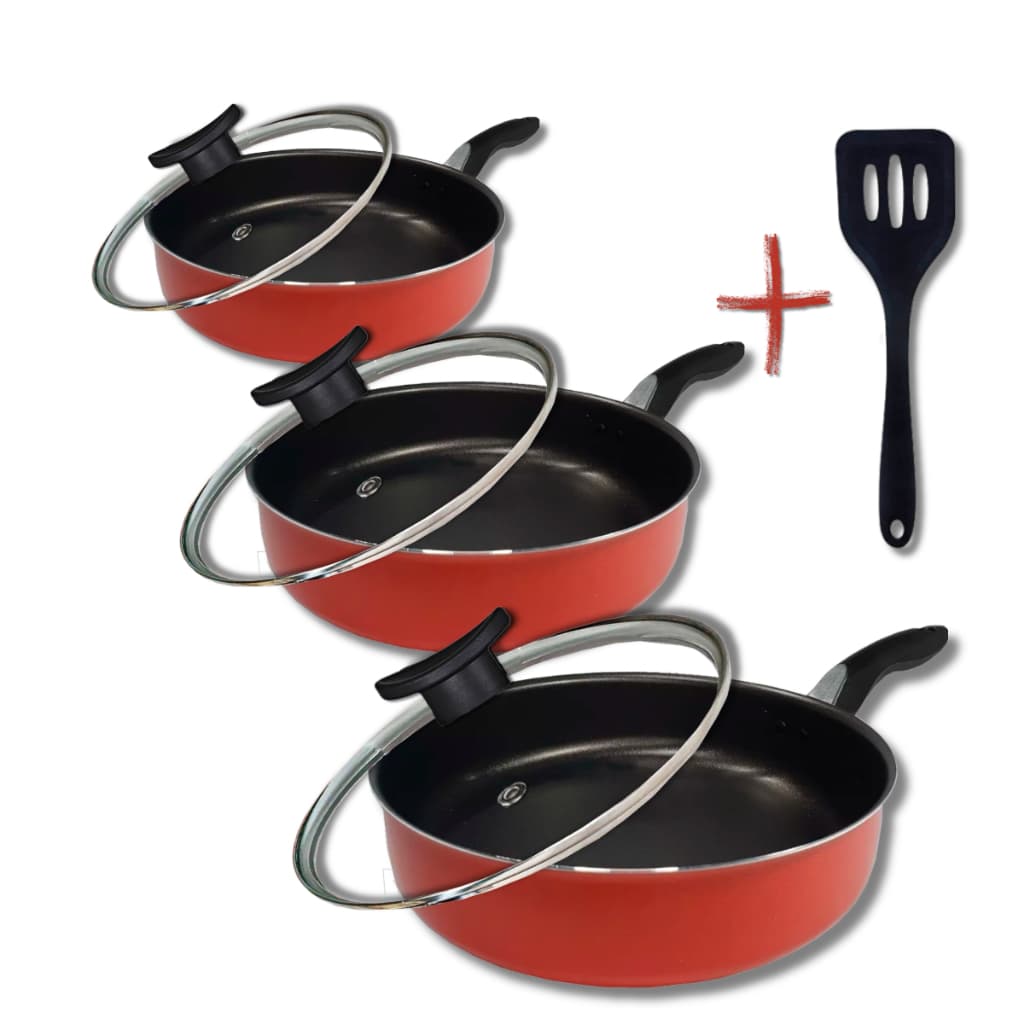 Kit 3 Frigideiras Antiaderentes com Tampa de Vidro Tamanho 18cm 20cm 24cm Cor Vermelho + Espátula