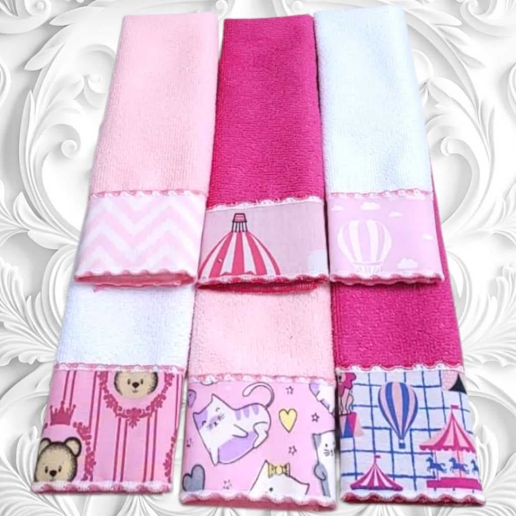 Kit Toalha Ombro e Boca Babete 06 Unidades Overlocado e Tecido Com Estampas Variadas Toalhas Coloridas
